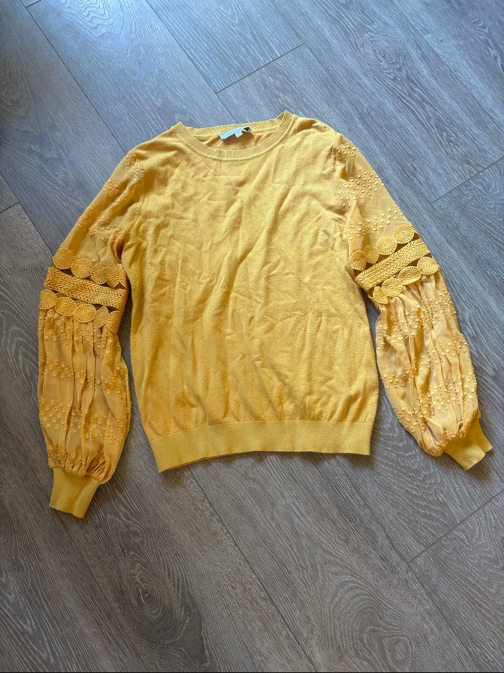 Mustard Yellow Women's Long Sleeve Embroidered Balloon Sleeve Sweater